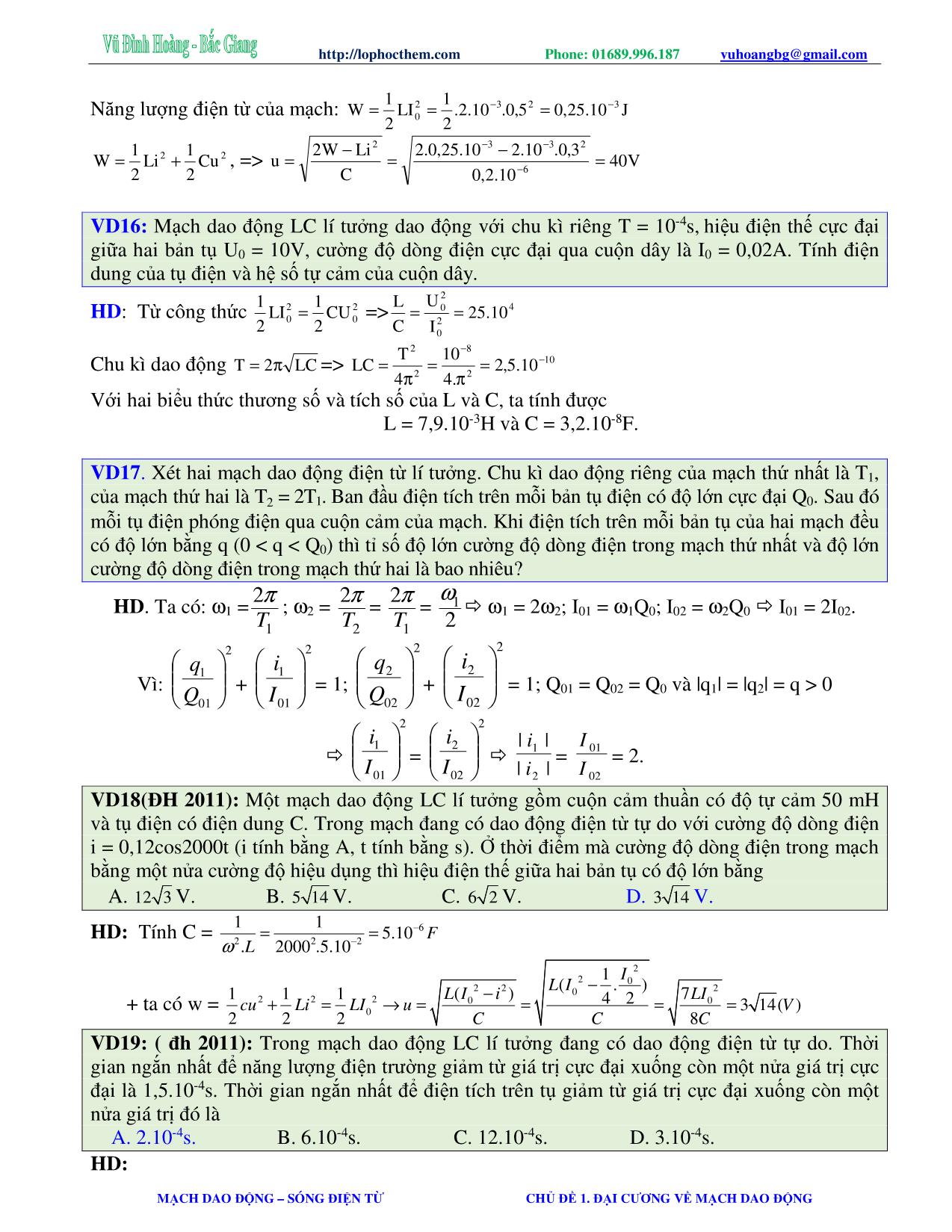 Tài liệu luyện thi THPT Quốc gia môn Vật lý - Chương 5, Chủ đề 1: Đại cương về mạch dao động - Vũ Đình Hoàng trang 7