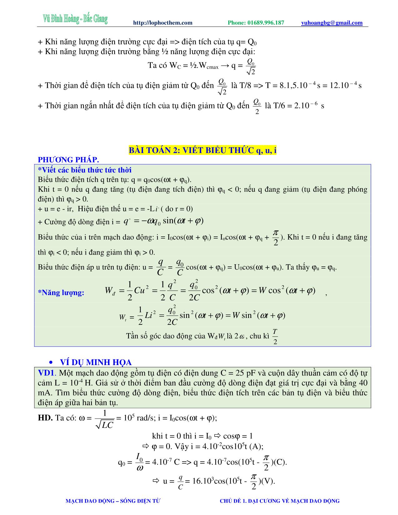 Tài liệu luyện thi THPT Quốc gia môn Vật lý - Chương 5, Chủ đề 1: Đại cương về mạch dao động - Vũ Đình Hoàng trang 8