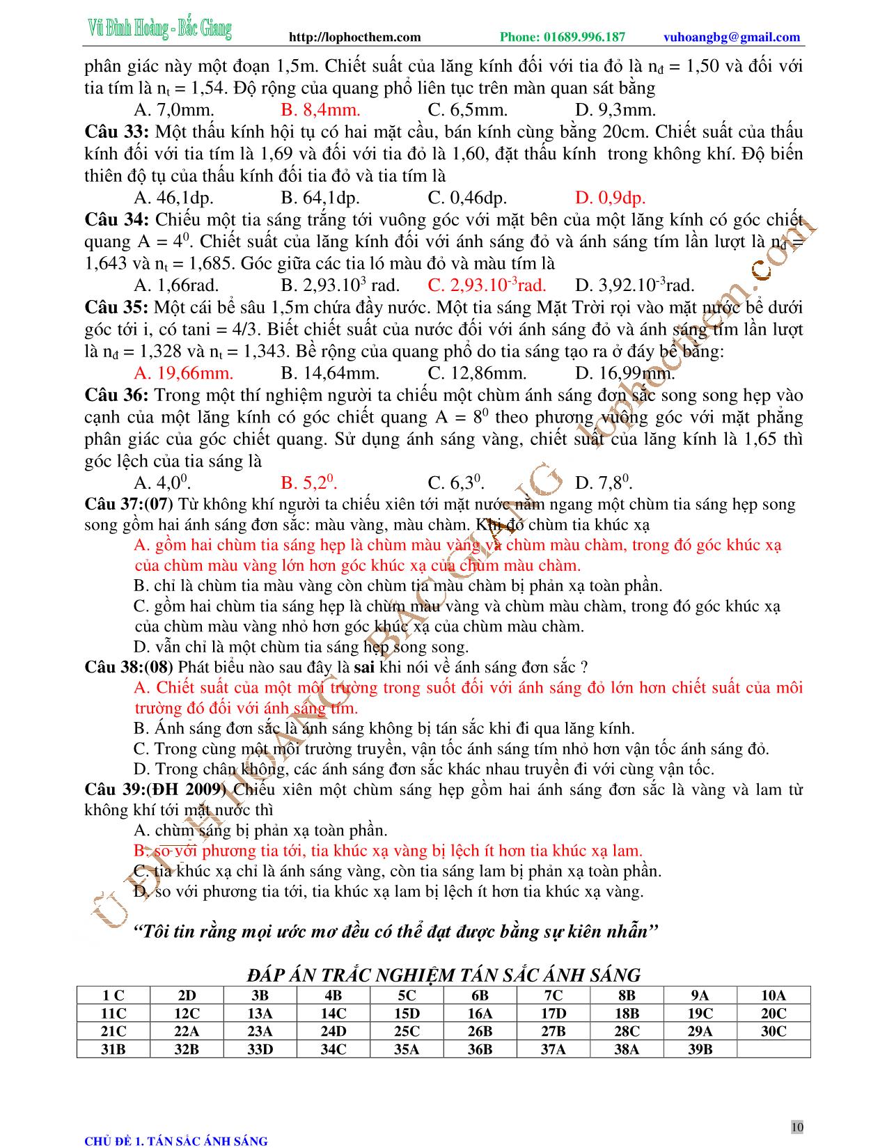 Tài liệu luyện thi THPT Quốc gia môn Vật lý - Chương 6, Chủ đề 1: Tán sắc ánh sáng - Vũ Đình Hoàng trang 10