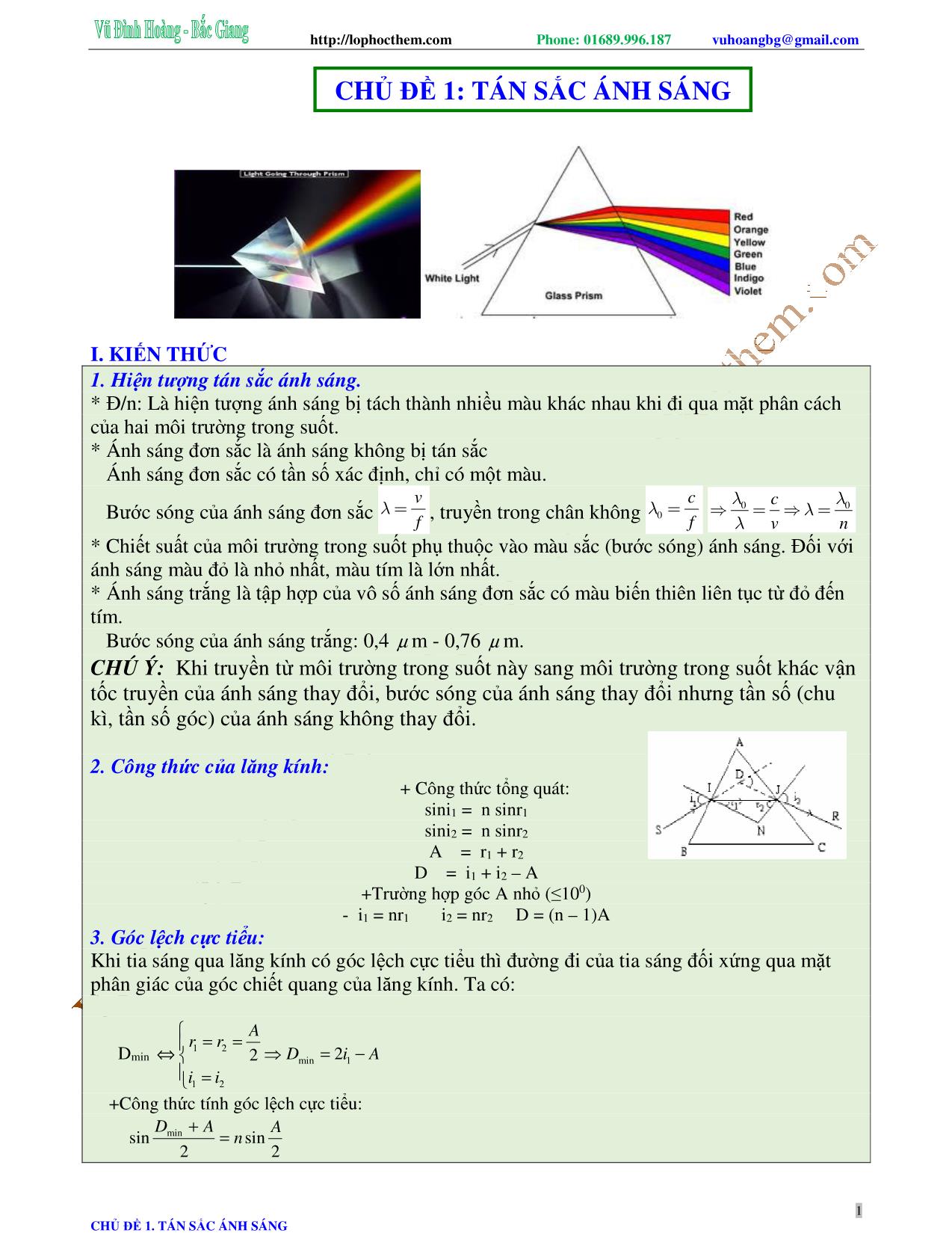Tài liệu luyện thi THPT Quốc gia môn Vật lý - Chương 6, Chủ đề 1: Tán sắc ánh sáng - Vũ Đình Hoàng trang 1