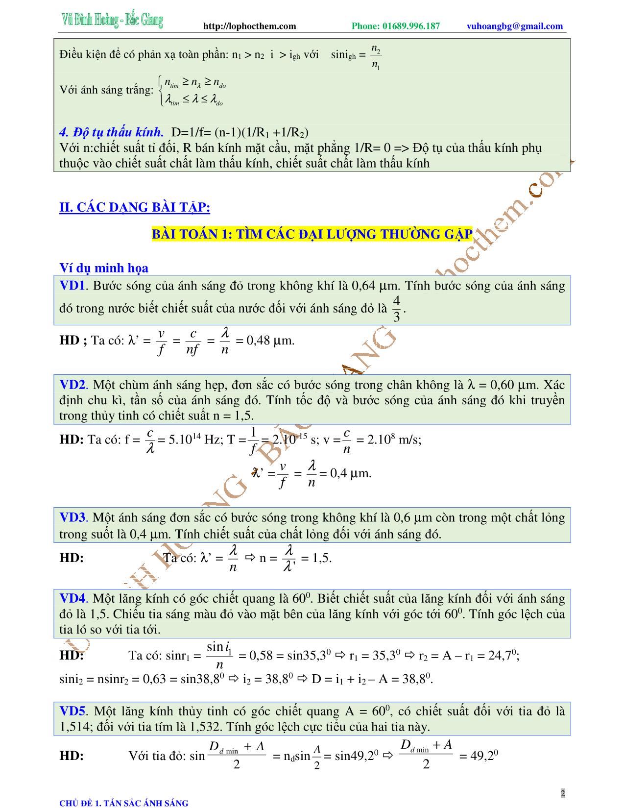 Tài liệu luyện thi THPT Quốc gia môn Vật lý - Chương 6, Chủ đề 1: Tán sắc ánh sáng - Vũ Đình Hoàng trang 2