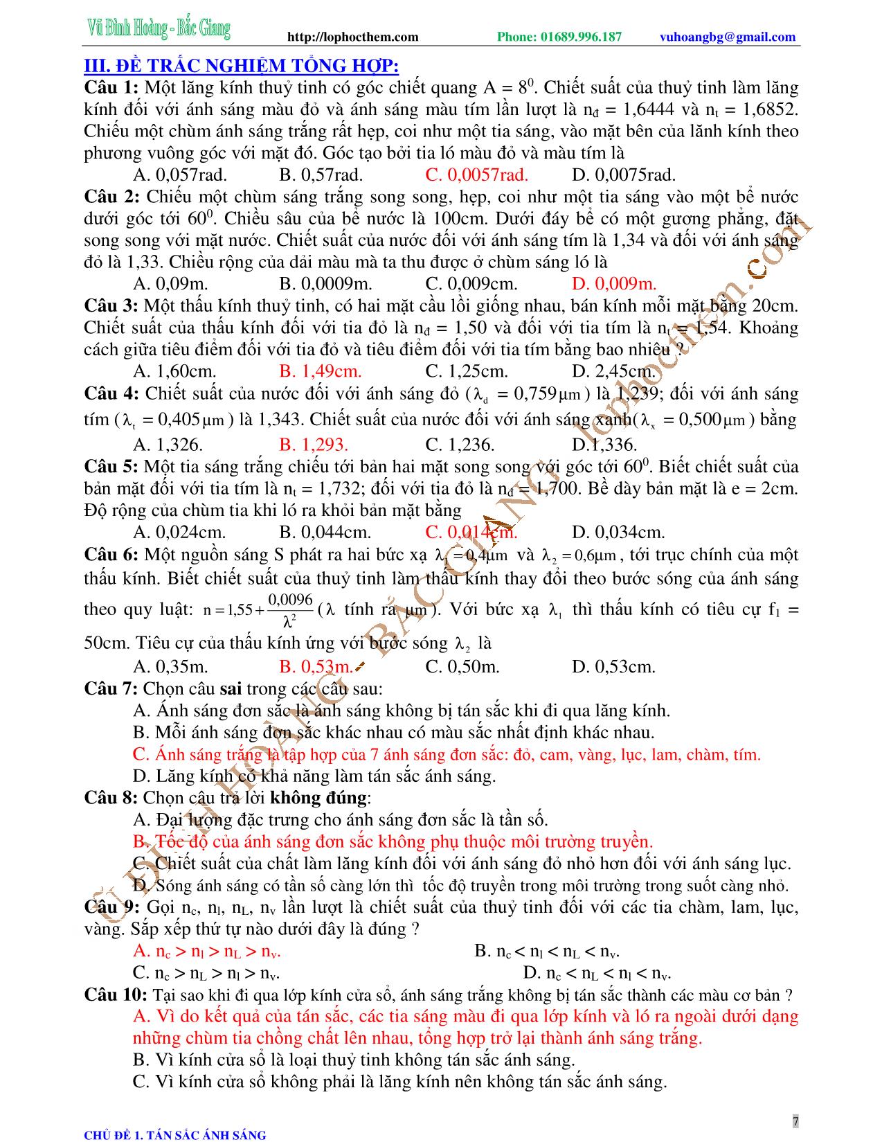 Tài liệu luyện thi THPT Quốc gia môn Vật lý - Chương 6, Chủ đề 1: Tán sắc ánh sáng - Vũ Đình Hoàng trang 7