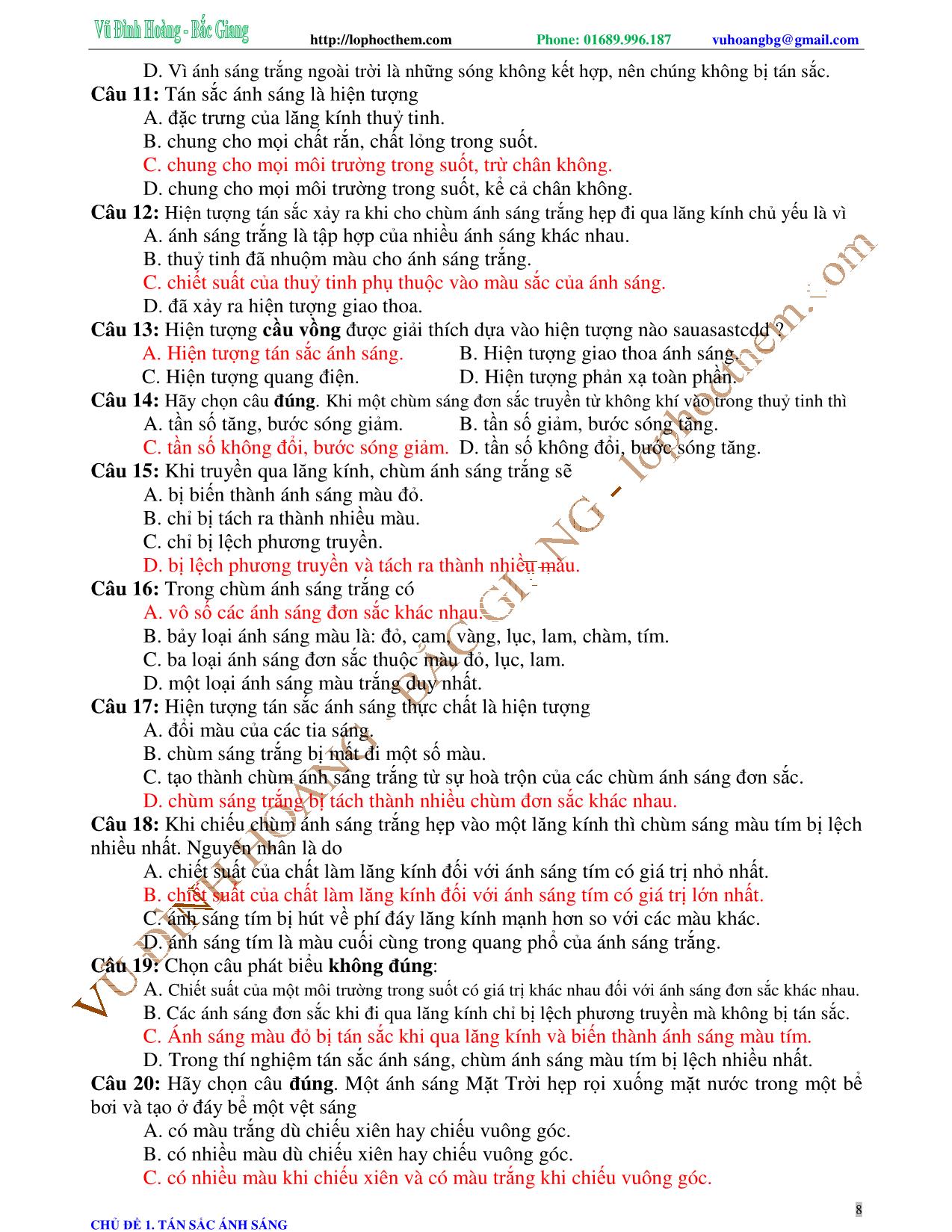 Tài liệu luyện thi THPT Quốc gia môn Vật lý - Chương 6, Chủ đề 1: Tán sắc ánh sáng - Vũ Đình Hoàng trang 8