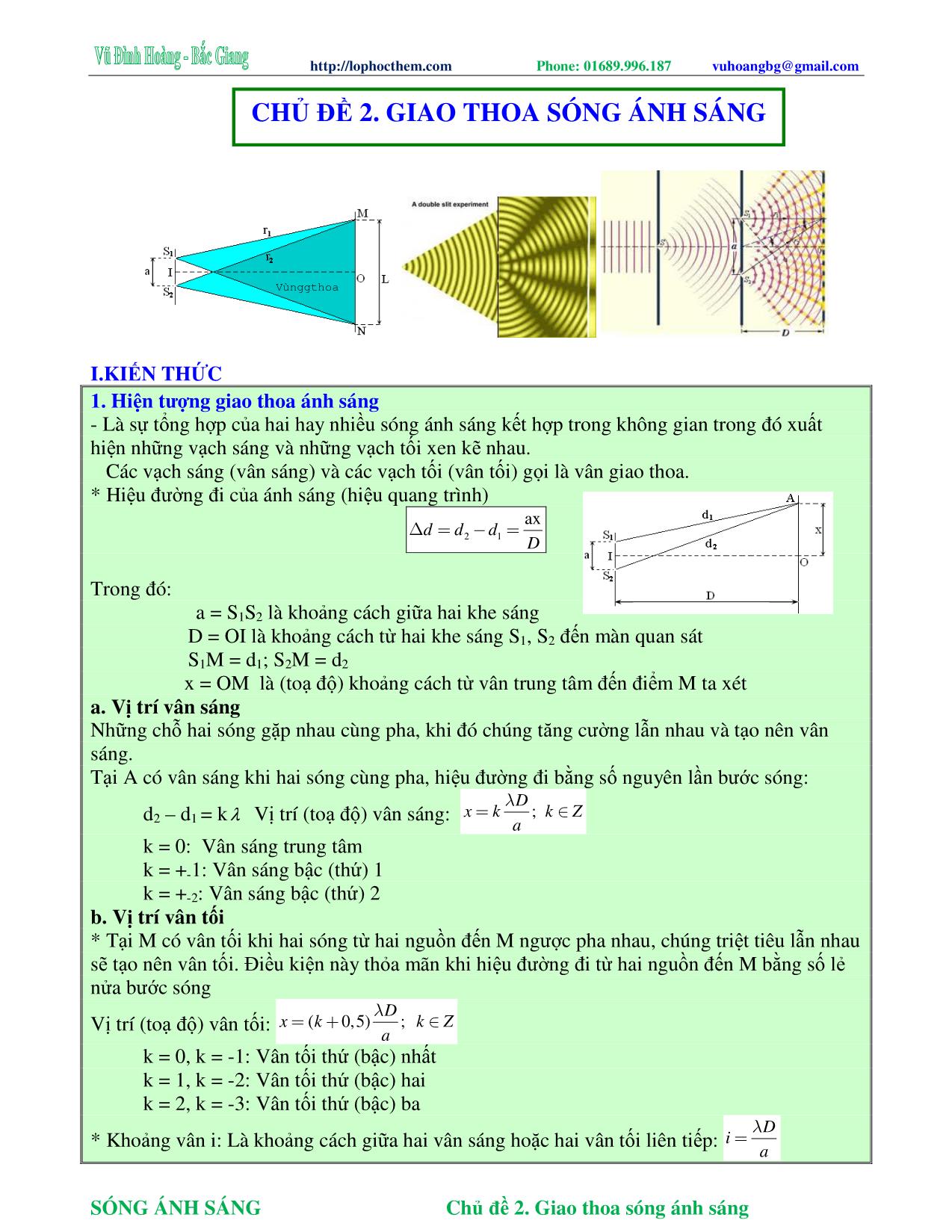 Tài liệu luyện thi THPT Quốc gia môn Vật lý - Chương 6, Chủ đề 2: Giao thoa sóng ánh sáng - Vũ Đình Hoàng trang 1