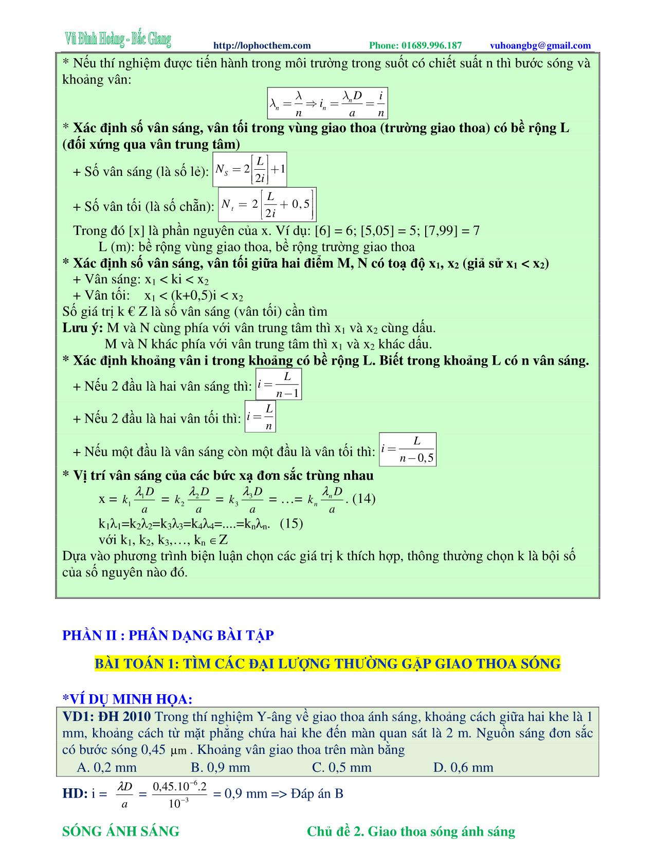 Tài liệu luyện thi THPT Quốc gia môn Vật lý - Chương 6, Chủ đề 2: Giao thoa sóng ánh sáng - Vũ Đình Hoàng trang 2