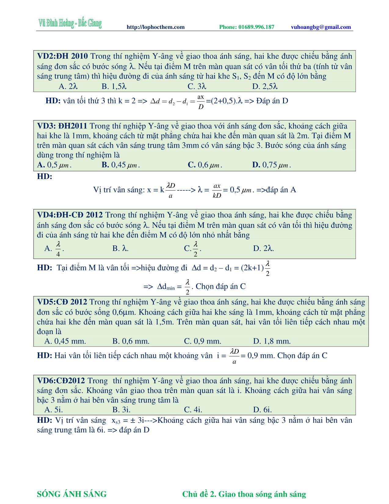 Tài liệu luyện thi THPT Quốc gia môn Vật lý - Chương 6, Chủ đề 2: Giao thoa sóng ánh sáng - Vũ Đình Hoàng trang 3