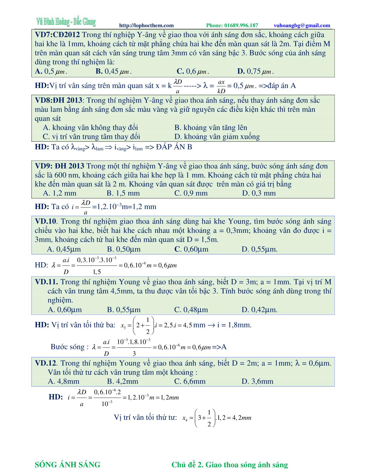 Tài liệu luyện thi THPT Quốc gia môn Vật lý - Chương 6, Chủ đề 2: Giao thoa sóng ánh sáng - Vũ Đình Hoàng trang 4