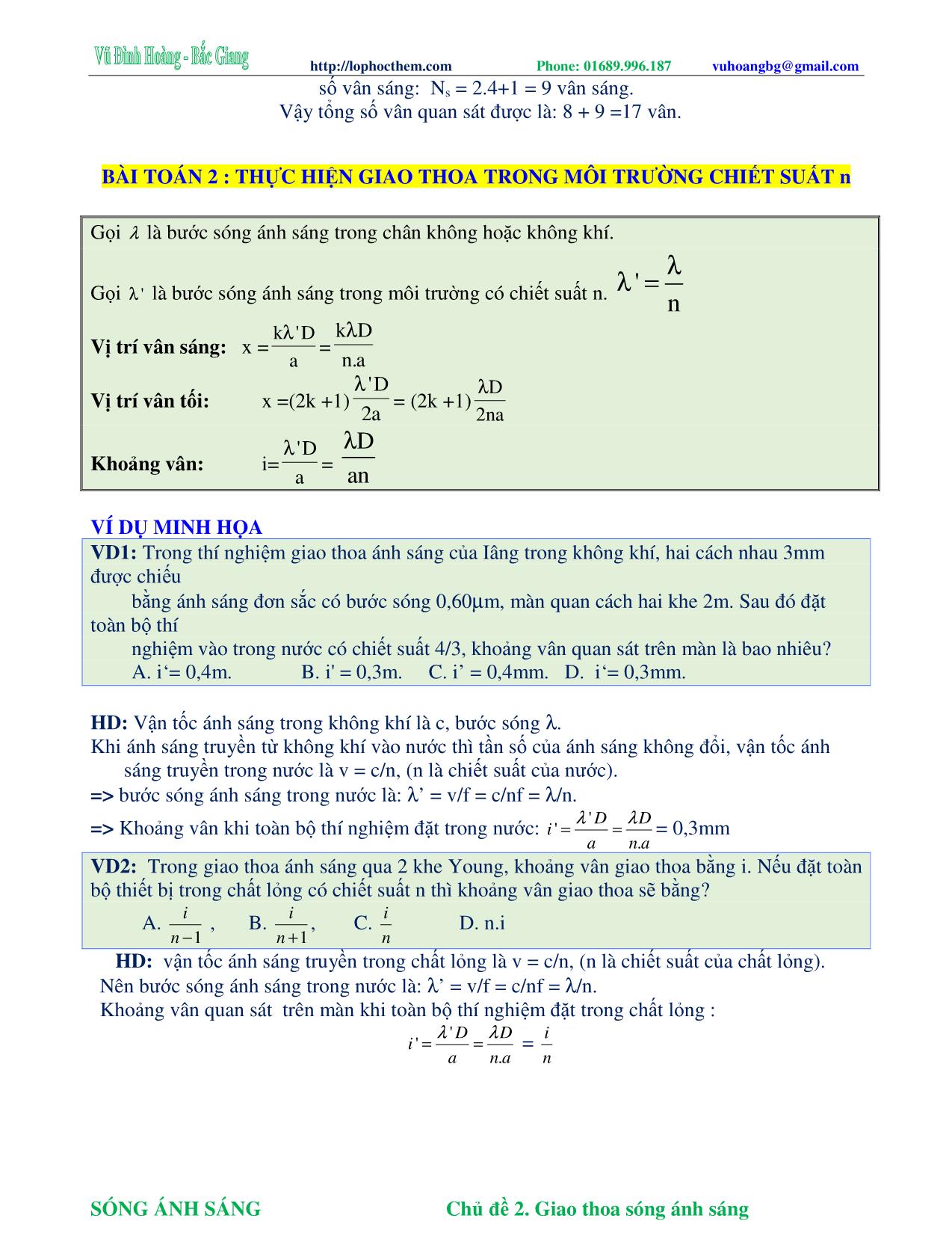 Tài liệu luyện thi THPT Quốc gia môn Vật lý - Chương 6, Chủ đề 2: Giao thoa sóng ánh sáng - Vũ Đình Hoàng trang 7