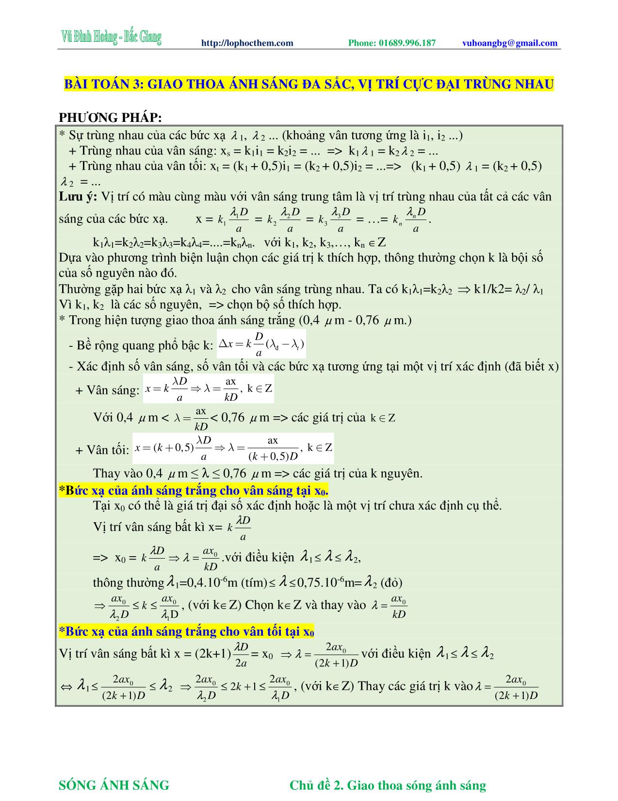 Tài liệu luyện thi THPT Quốc gia môn Vật lý - Chương 6, Chủ đề 2: Giao thoa sóng ánh sáng - Vũ Đình Hoàng trang 8