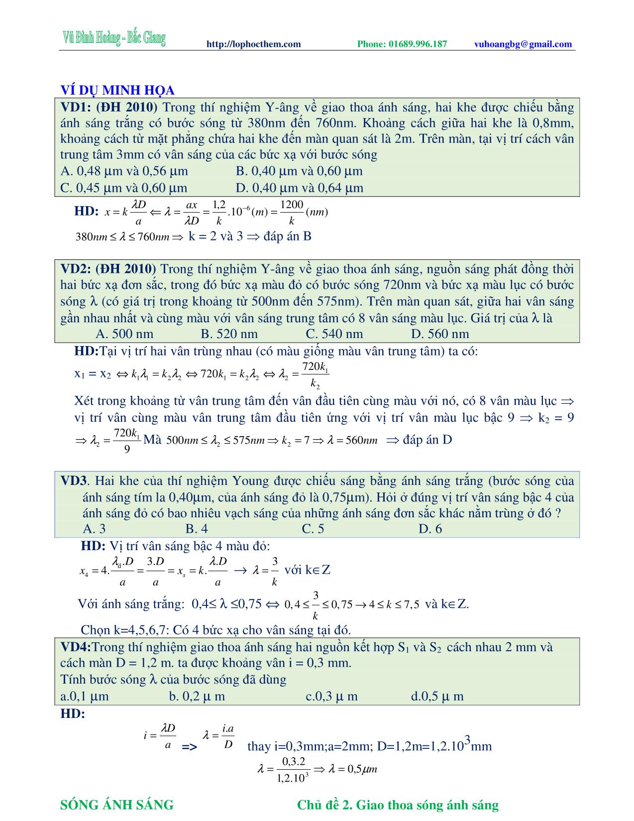 Tài liệu luyện thi THPT Quốc gia môn Vật lý - Chương 6, Chủ đề 2: Giao thoa sóng ánh sáng - Vũ Đình Hoàng trang 9