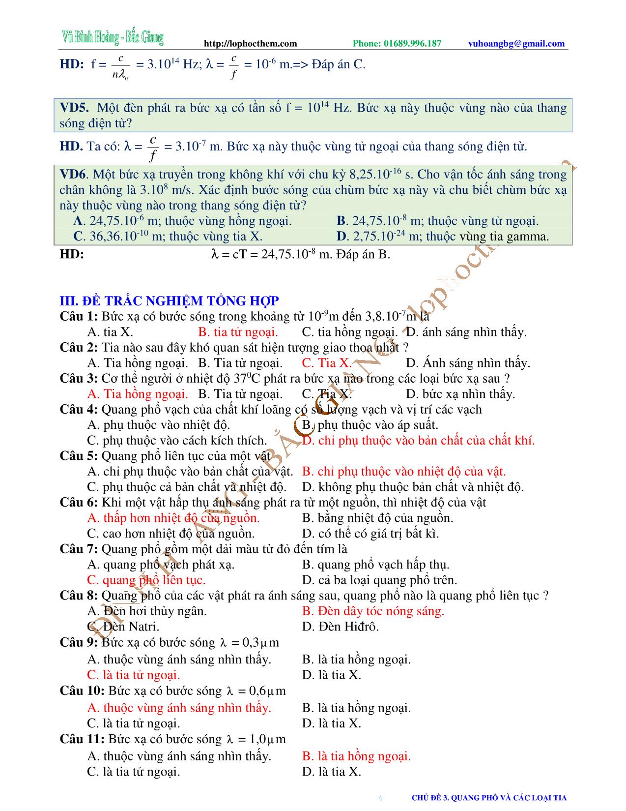 Tài liệu luyện thi THPT Quốc gia môn Vật lý - Chương 6, Chủ đề 3: Quang phổ và các loại tia - Vũ Đình Hoàng trang 4