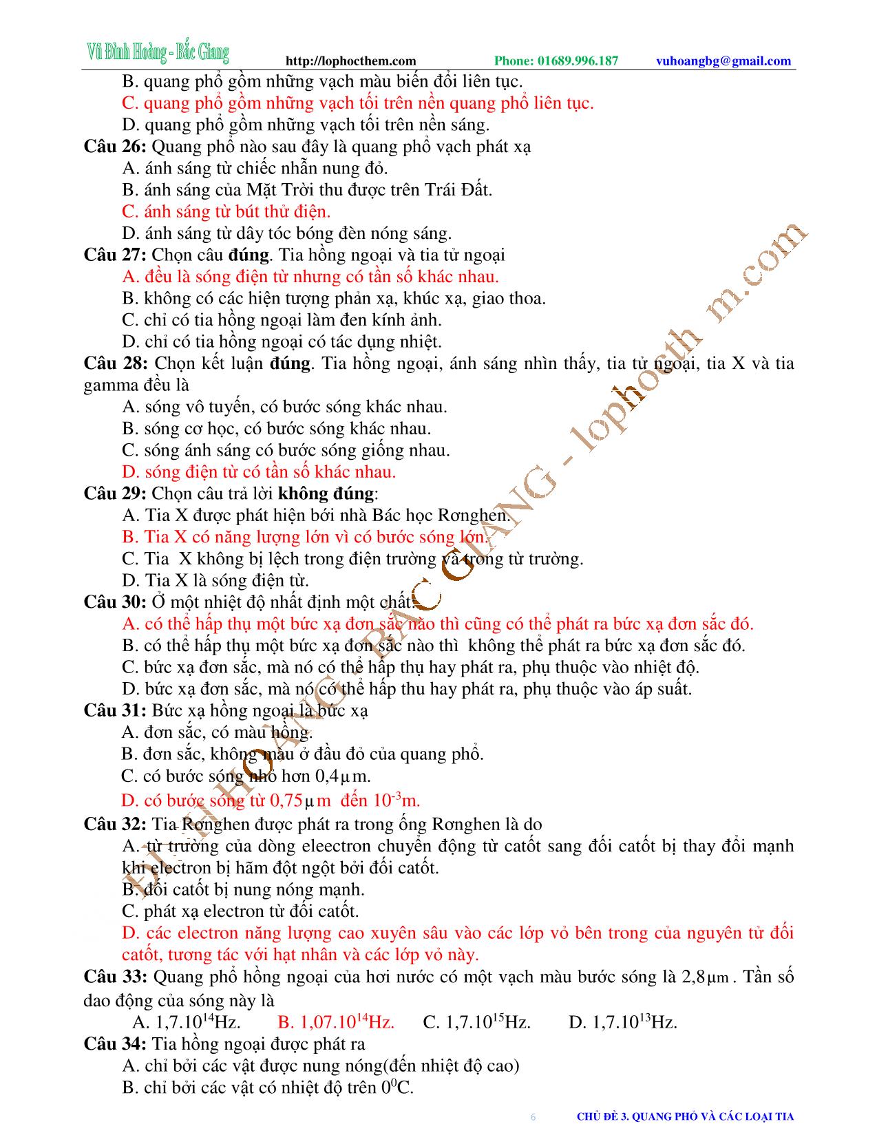 Tài liệu luyện thi THPT Quốc gia môn Vật lý - Chương 6, Chủ đề 3: Quang phổ và các loại tia - Vũ Đình Hoàng trang 6