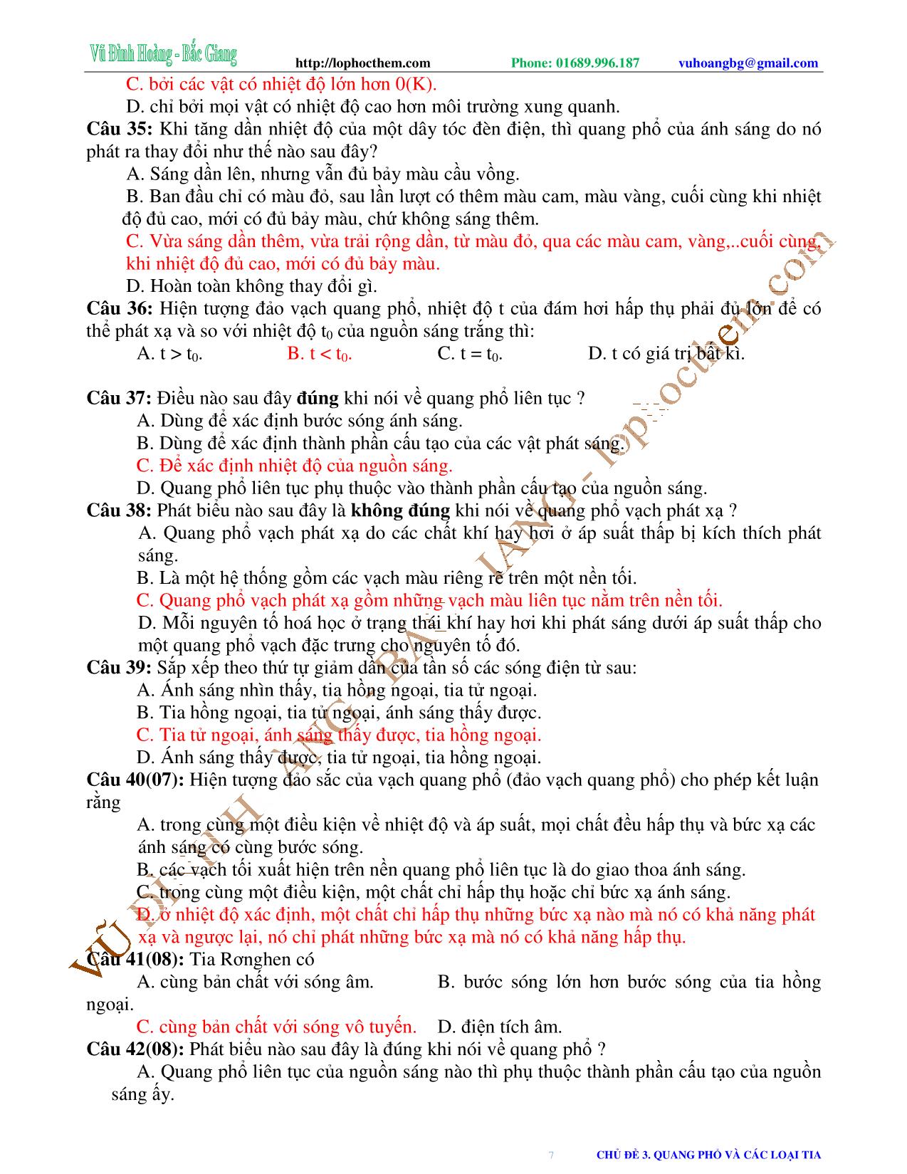 Tài liệu luyện thi THPT Quốc gia môn Vật lý - Chương 6, Chủ đề 3: Quang phổ và các loại tia - Vũ Đình Hoàng trang 7