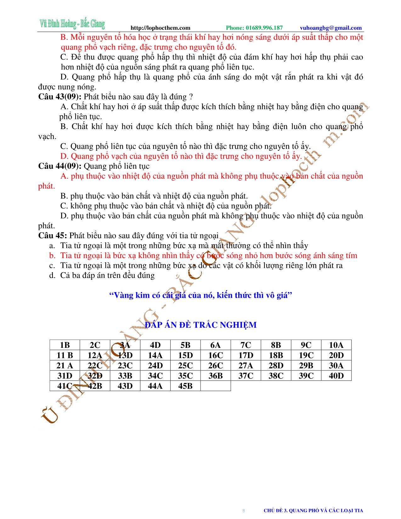 Tài liệu luyện thi THPT Quốc gia môn Vật lý - Chương 6, Chủ đề 3: Quang phổ và các loại tia - Vũ Đình Hoàng trang 8