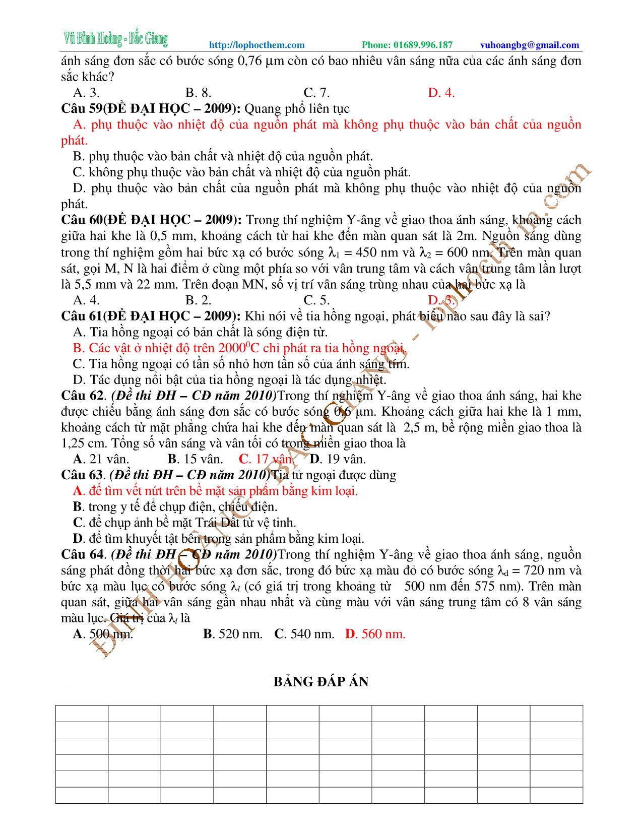 Tài liệu luyện thi THPT Quốc gia môn Vật lý - Chương 6, Chủ đề 4: Ôn tập Sóng ánh sáng - Vũ Đình Hoàng trang 10