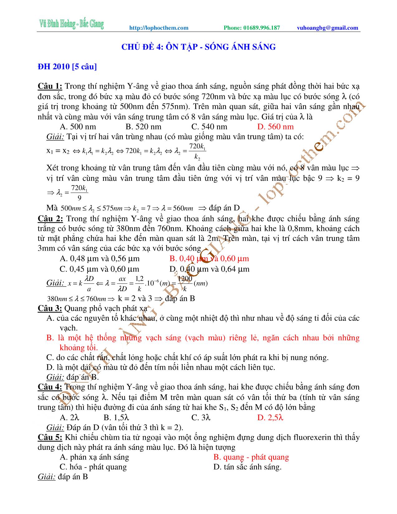 Tài liệu luyện thi THPT Quốc gia môn Vật lý - Chương 6, Chủ đề 4: Ôn tập Sóng ánh sáng - Vũ Đình Hoàng trang 1