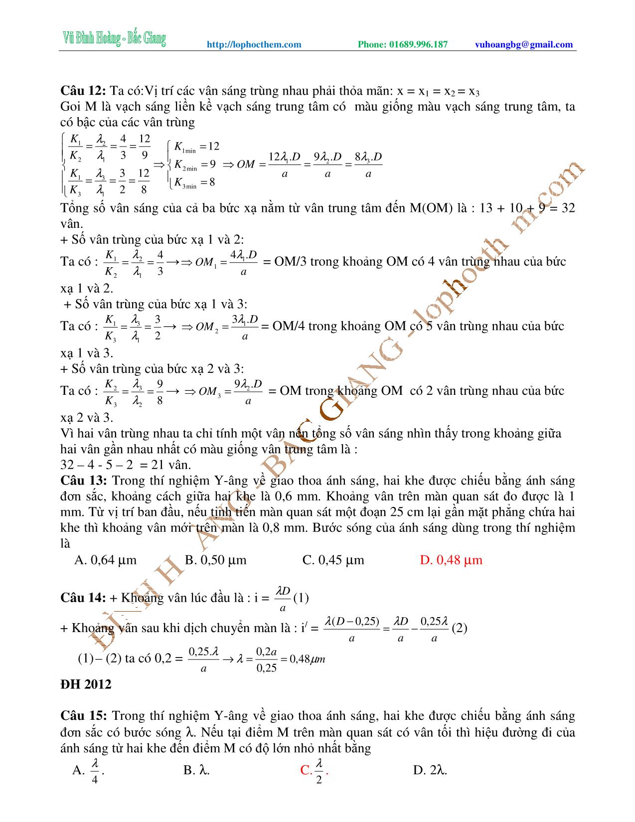 Tài liệu luyện thi THPT Quốc gia môn Vật lý - Chương 6, Chủ đề 4: Ôn tập Sóng ánh sáng - Vũ Đình Hoàng trang 3