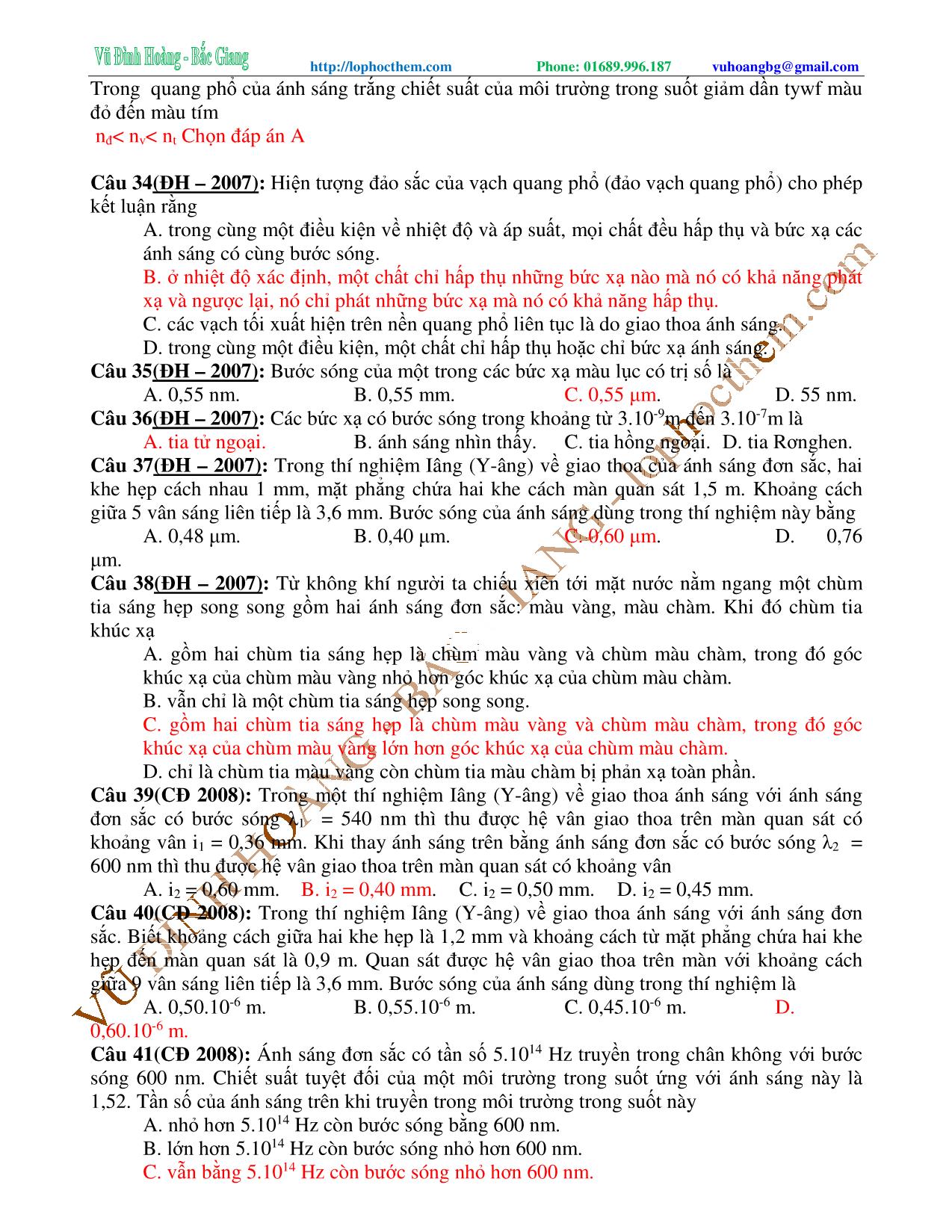 Tài liệu luyện thi THPT Quốc gia môn Vật lý - Chương 6, Chủ đề 4: Ôn tập Sóng ánh sáng - Vũ Đình Hoàng trang 7