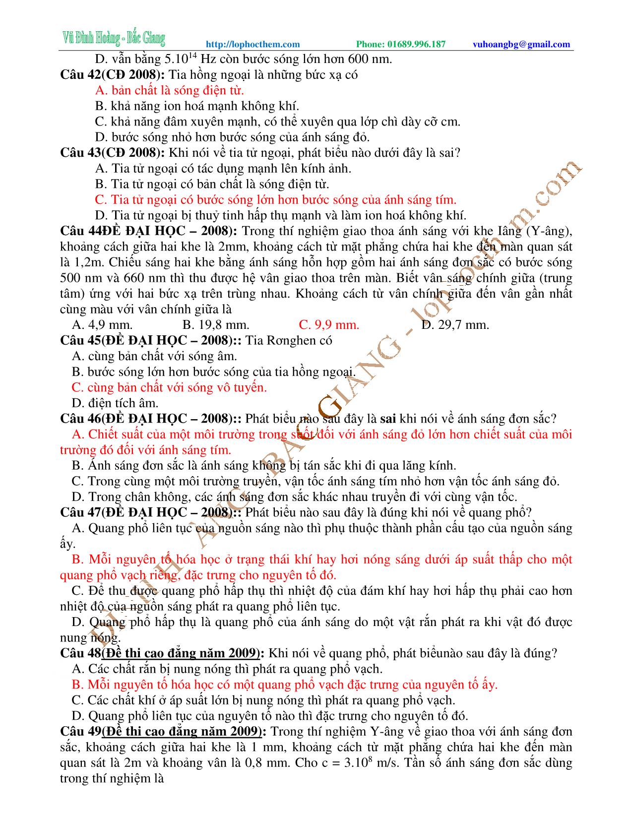 Tài liệu luyện thi THPT Quốc gia môn Vật lý - Chương 6, Chủ đề 4: Ôn tập Sóng ánh sáng - Vũ Đình Hoàng trang 8