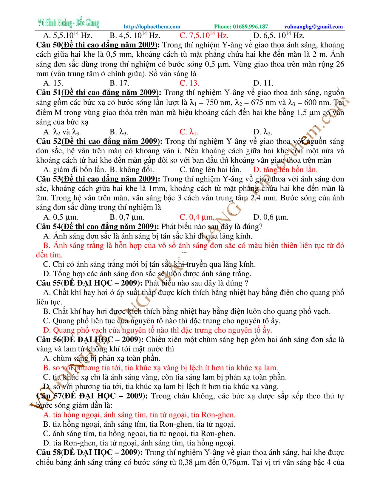 Tài liệu luyện thi THPT Quốc gia môn Vật lý - Chương 6, Chủ đề 4: Ôn tập Sóng ánh sáng - Vũ Đình Hoàng trang 9