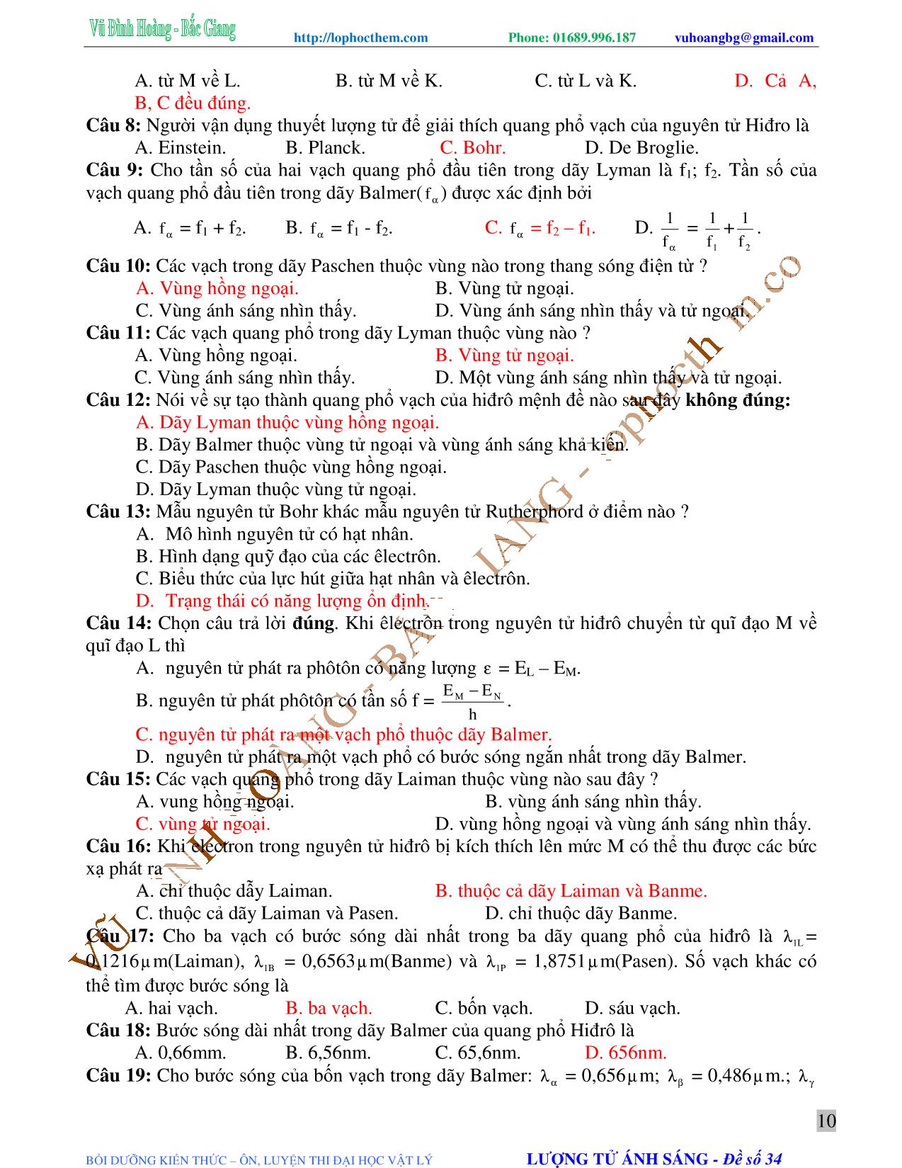 Tài liệu luyện thi THPT Quốc gia môn Vật lý - Chương 7, Chủ đề 2: Mẫu nguyên tử bo. Quang phổ nguyên tử hydro - Vũ Đình Hoàng trang 10