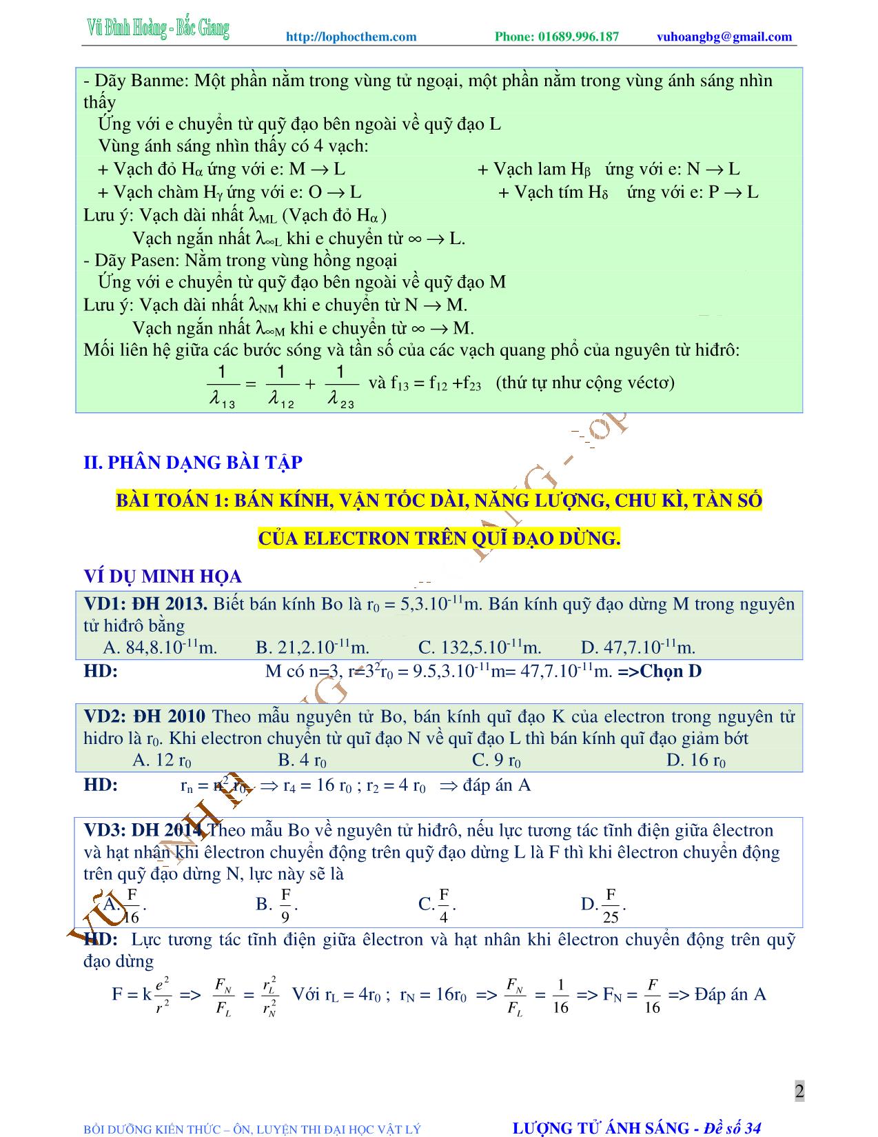 Tài liệu luyện thi THPT Quốc gia môn Vật lý - Chương 7, Chủ đề 2: Mẫu nguyên tử bo. Quang phổ nguyên tử hydro - Vũ Đình Hoàng trang 2