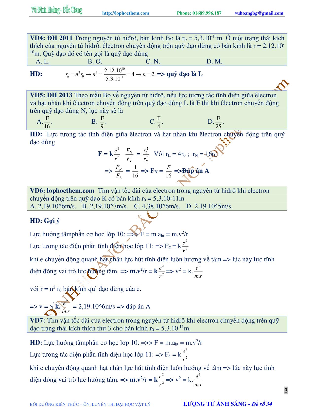 Tài liệu luyện thi THPT Quốc gia môn Vật lý - Chương 7, Chủ đề 2: Mẫu nguyên tử bo. Quang phổ nguyên tử hydro - Vũ Đình Hoàng trang 3