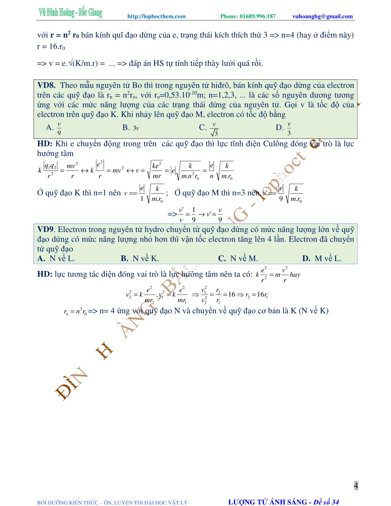 Tài liệu luyện thi THPT Quốc gia môn Vật lý - Chương 7, Chủ đề 2: Mẫu nguyên tử bo. Quang phổ nguyên tử hydro - Vũ Đình Hoàng trang 4