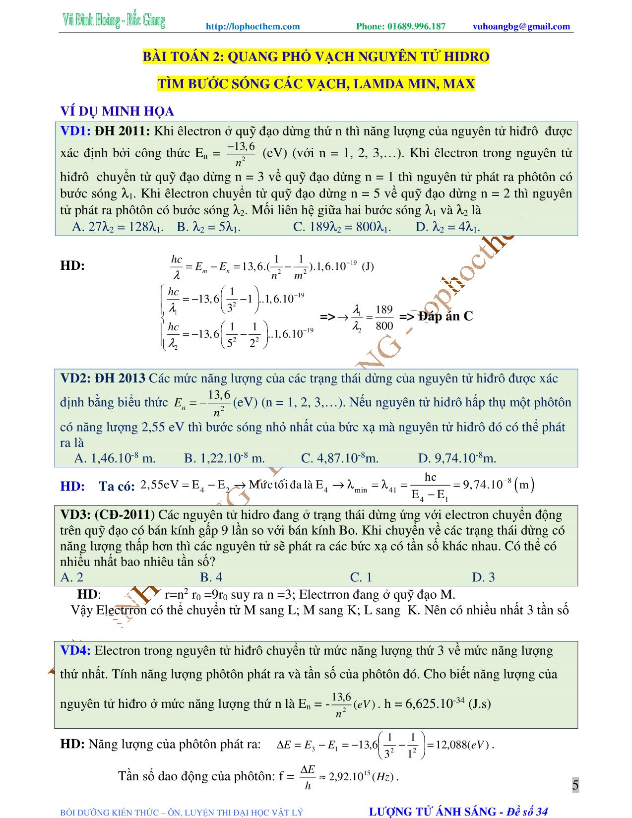 Tài liệu luyện thi THPT Quốc gia môn Vật lý - Chương 7, Chủ đề 2: Mẫu nguyên tử bo. Quang phổ nguyên tử hydro - Vũ Đình Hoàng trang 5