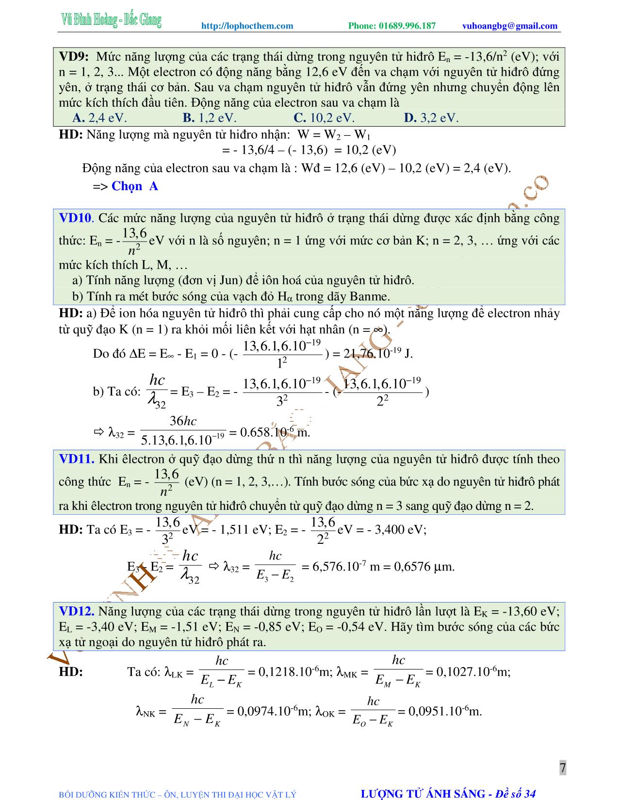 Tài liệu luyện thi THPT Quốc gia môn Vật lý - Chương 7, Chủ đề 2: Mẫu nguyên tử bo. Quang phổ nguyên tử hydro - Vũ Đình Hoàng trang 7