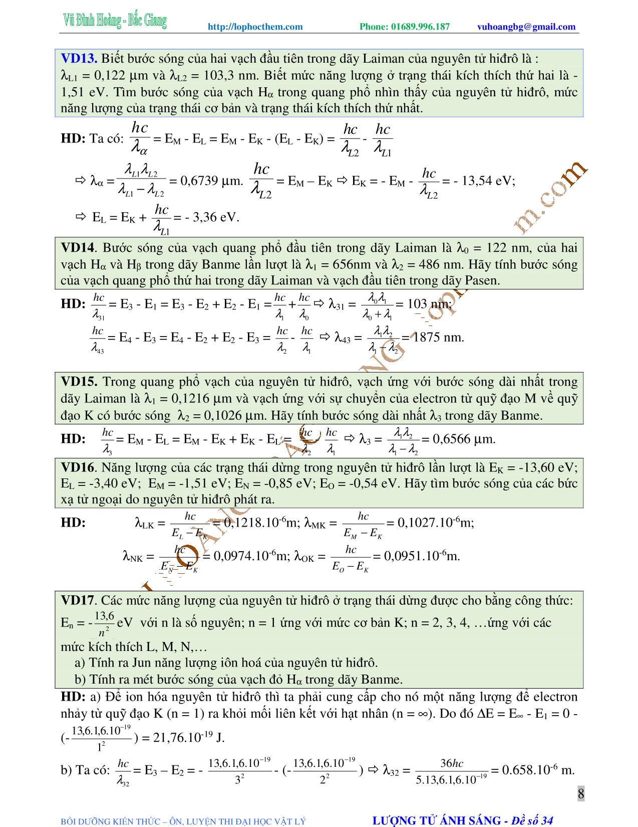 Tài liệu luyện thi THPT Quốc gia môn Vật lý - Chương 7, Chủ đề 2: Mẫu nguyên tử bo. Quang phổ nguyên tử hydro - Vũ Đình Hoàng trang 8