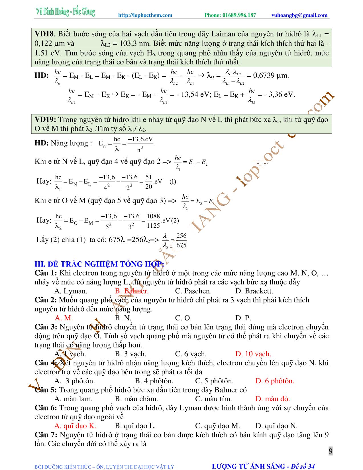 Tài liệu luyện thi THPT Quốc gia môn Vật lý - Chương 7, Chủ đề 2: Mẫu nguyên tử bo. Quang phổ nguyên tử hydro - Vũ Đình Hoàng trang 9