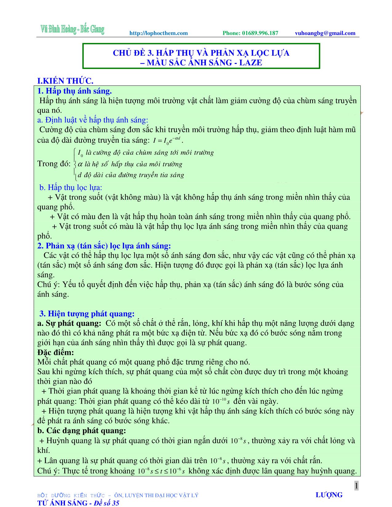 Tài liệu luyện thi THPT Quốc gia môn Vật lý - Chương 7, Chủ đề 3: Hấp thụ và phản xạ lọc lựa – Màu sắc ánh sáng - Laze - Vũ Đình Hoàng trang 1