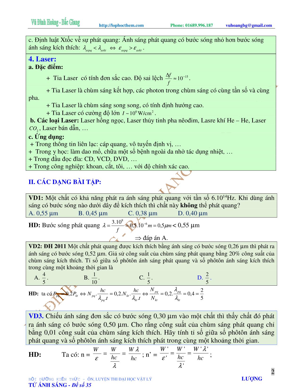 Tài liệu luyện thi THPT Quốc gia môn Vật lý - Chương 7, Chủ đề 3: Hấp thụ và phản xạ lọc lựa – Màu sắc ánh sáng - Laze - Vũ Đình Hoàng trang 2
