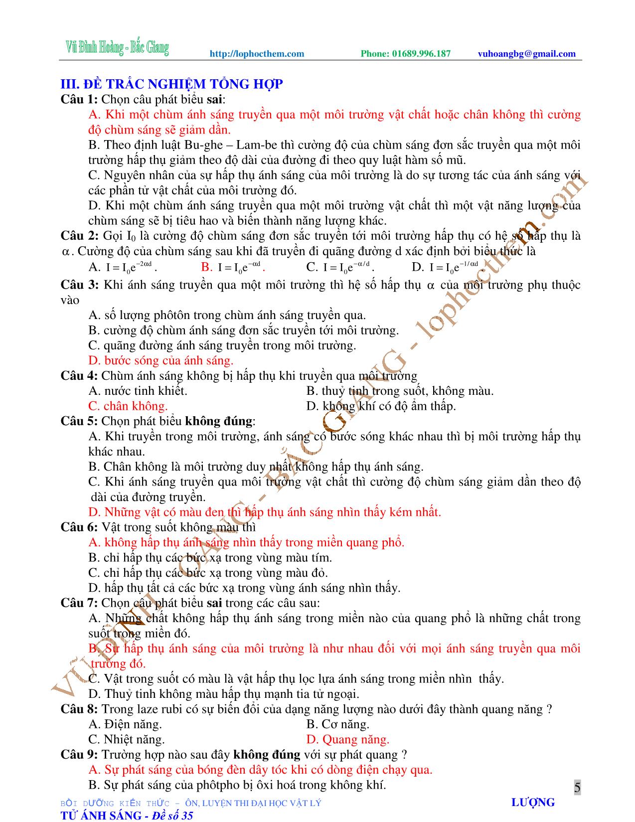 Tài liệu luyện thi THPT Quốc gia môn Vật lý - Chương 7, Chủ đề 3: Hấp thụ và phản xạ lọc lựa – Màu sắc ánh sáng - Laze - Vũ Đình Hoàng trang 5