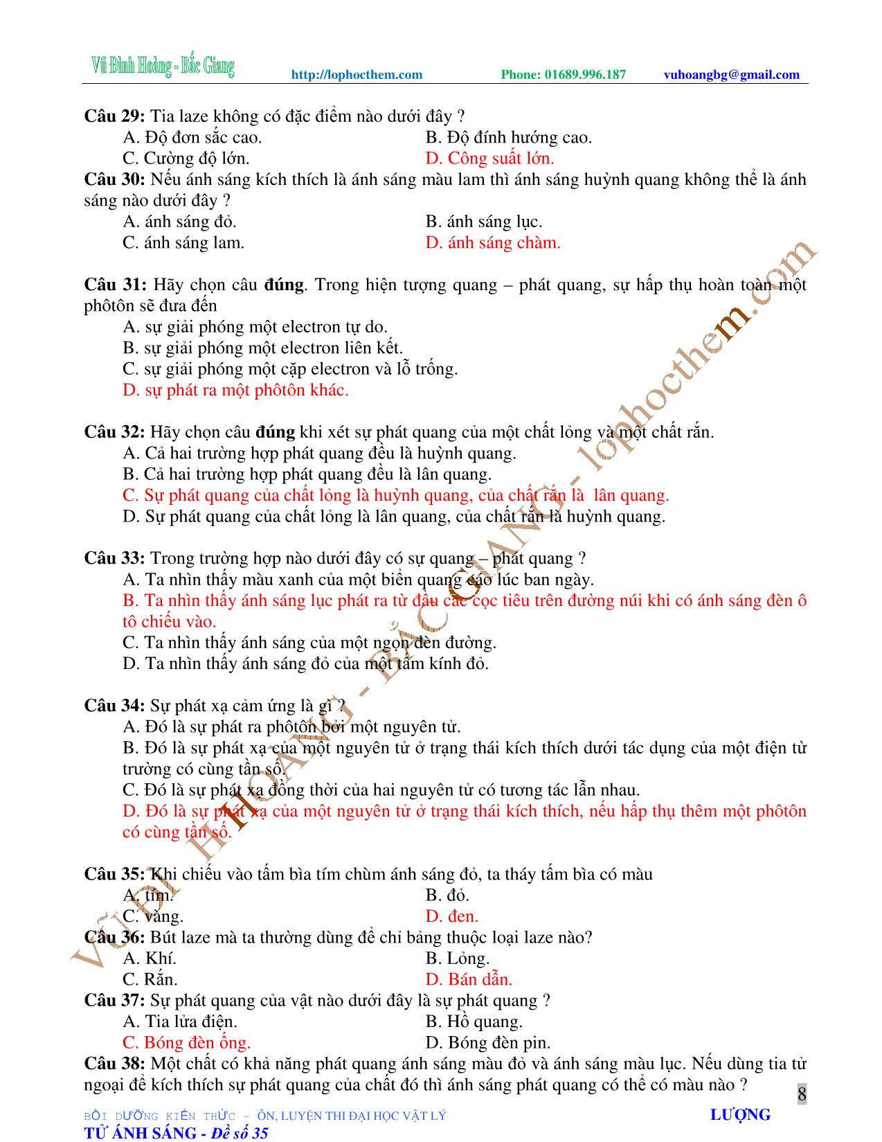 Tài liệu luyện thi THPT Quốc gia môn Vật lý - Chương 7, Chủ đề 3: Hấp thụ và phản xạ lọc lựa – Màu sắc ánh sáng - Laze - Vũ Đình Hoàng trang 8