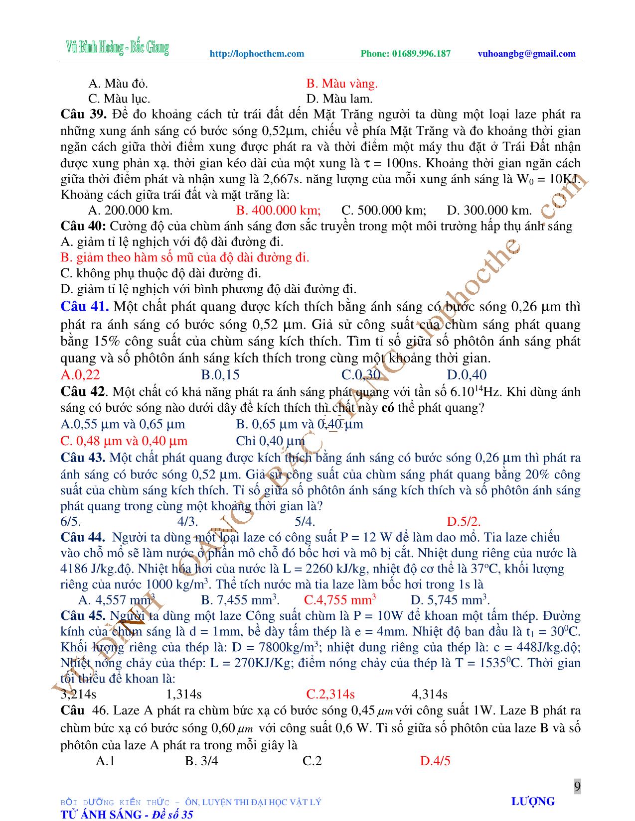 Tài liệu luyện thi THPT Quốc gia môn Vật lý - Chương 7, Chủ đề 3: Hấp thụ và phản xạ lọc lựa – Màu sắc ánh sáng - Laze - Vũ Đình Hoàng trang 9