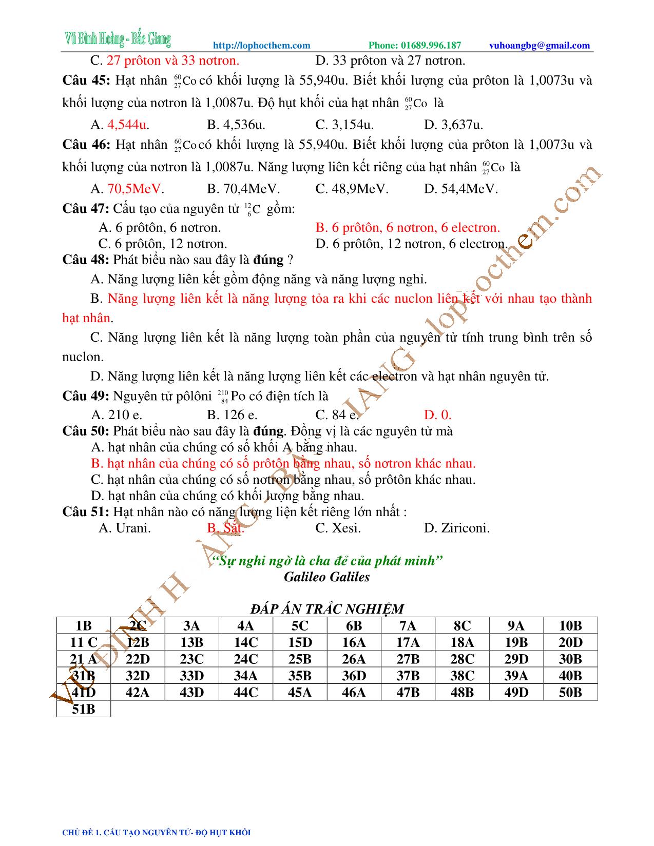 Tài liệu luyện thi THPT Quốc gia môn Vật lý - Chương 9, Chủ đề 1: Cấu tạo nguyên tử. Độ hụt khối - Vũ Đình Hoàng trang 10