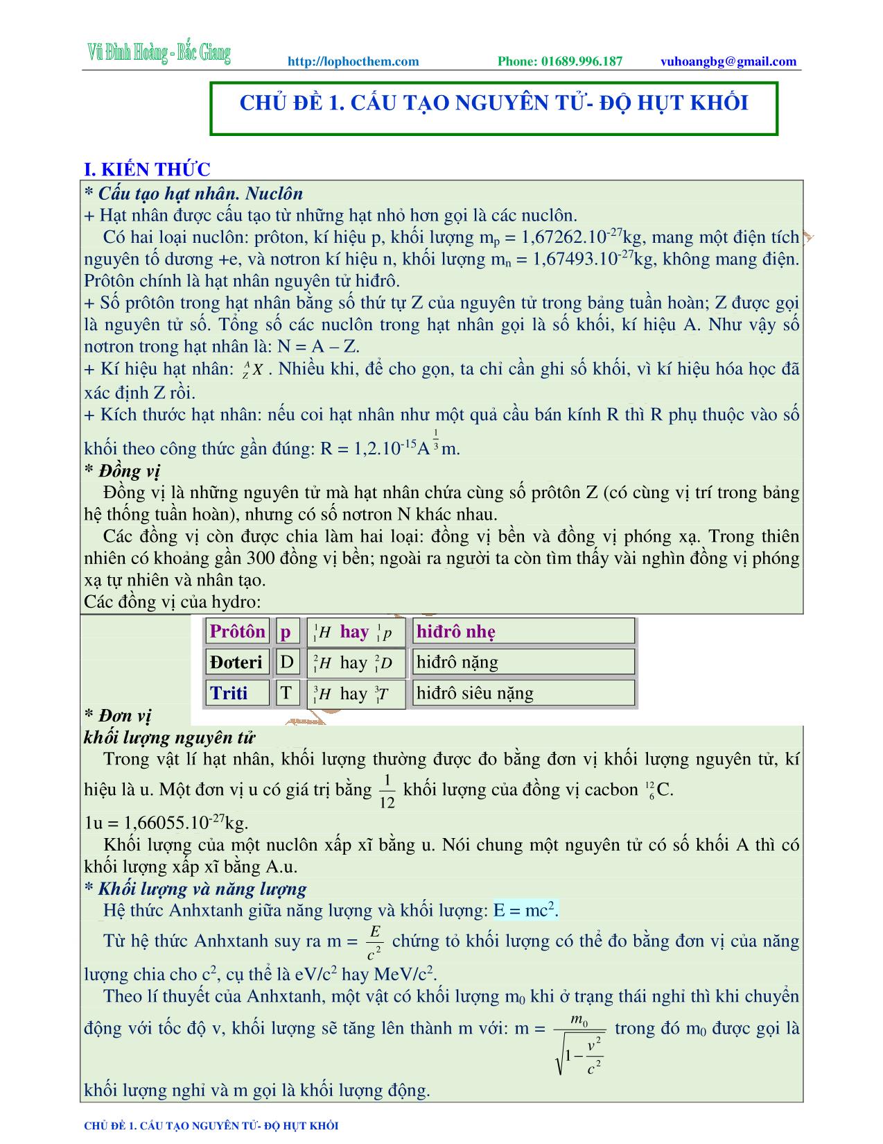 Tài liệu luyện thi THPT Quốc gia môn Vật lý - Chương 9, Chủ đề 1: Cấu tạo nguyên tử. Độ hụt khối - Vũ Đình Hoàng trang 1