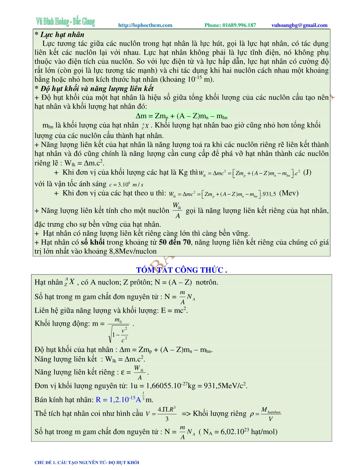 Tài liệu luyện thi THPT Quốc gia môn Vật lý - Chương 9, Chủ đề 1: Cấu tạo nguyên tử. Độ hụt khối - Vũ Đình Hoàng trang 2