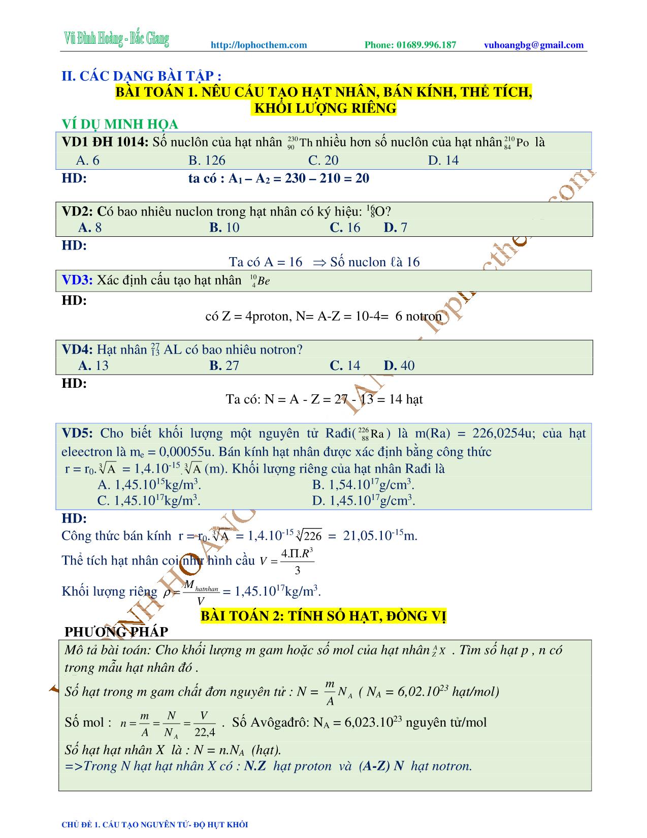 Tài liệu luyện thi THPT Quốc gia môn Vật lý - Chương 9, Chủ đề 1: Cấu tạo nguyên tử. Độ hụt khối - Vũ Đình Hoàng trang 3