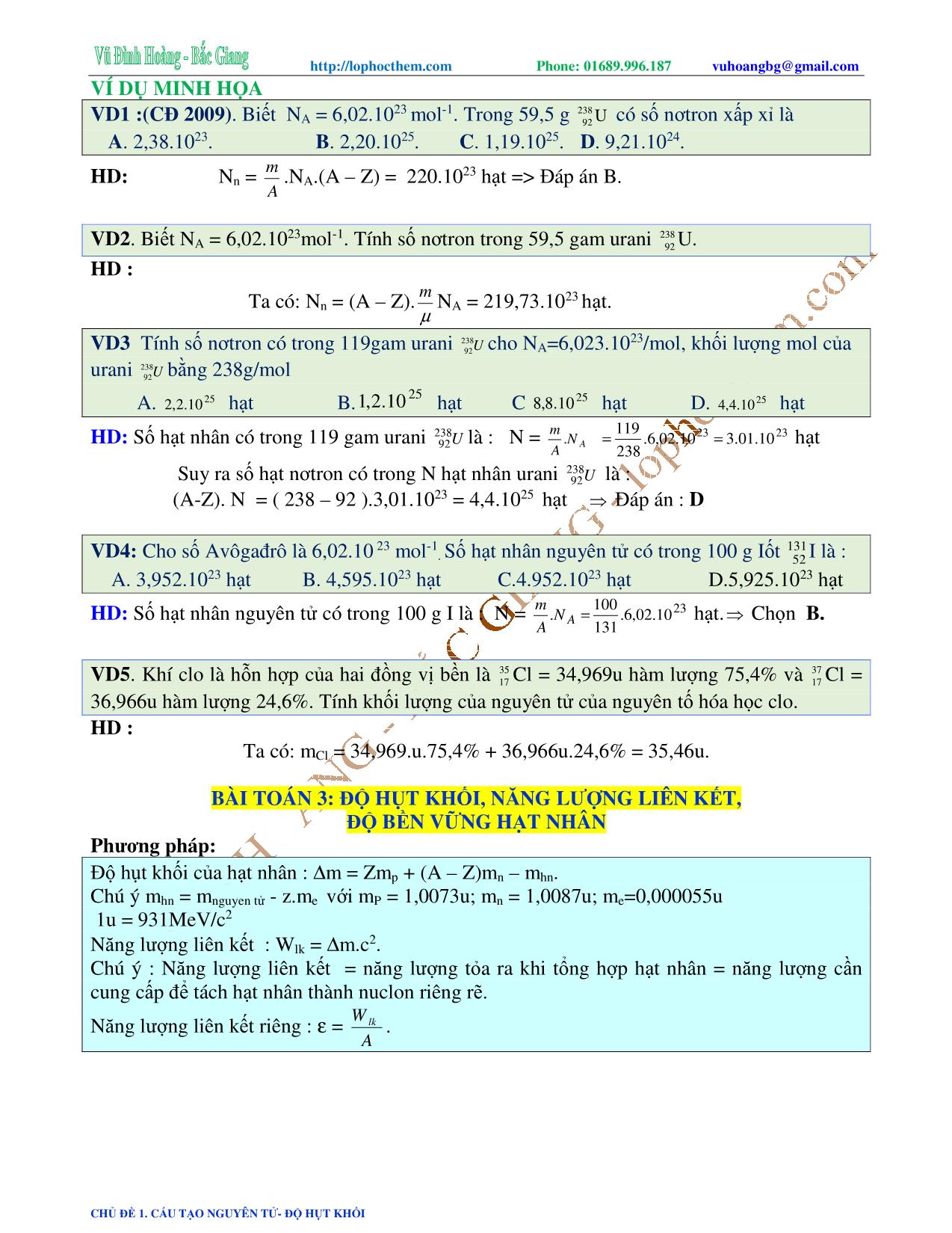 Tài liệu luyện thi THPT Quốc gia môn Vật lý - Chương 9, Chủ đề 1: Cấu tạo nguyên tử. Độ hụt khối - Vũ Đình Hoàng trang 4