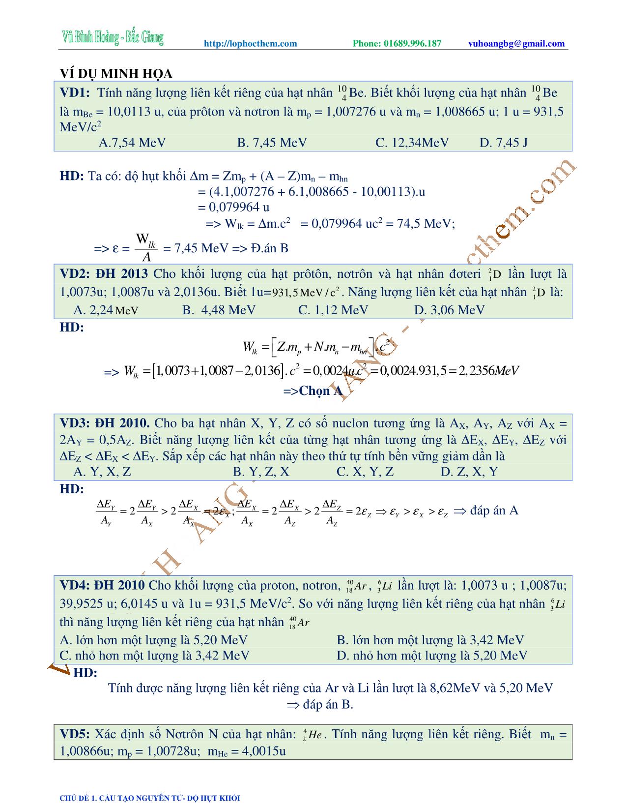 Tài liệu luyện thi THPT Quốc gia môn Vật lý - Chương 9, Chủ đề 1: Cấu tạo nguyên tử. Độ hụt khối - Vũ Đình Hoàng trang 5