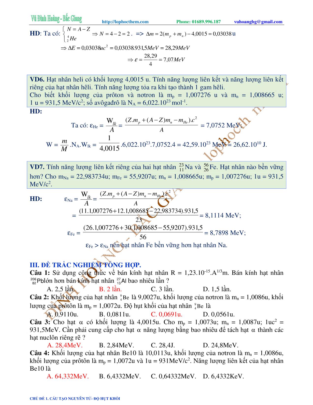 Tài liệu luyện thi THPT Quốc gia môn Vật lý - Chương 9, Chủ đề 1: Cấu tạo nguyên tử. Độ hụt khối - Vũ Đình Hoàng trang 6