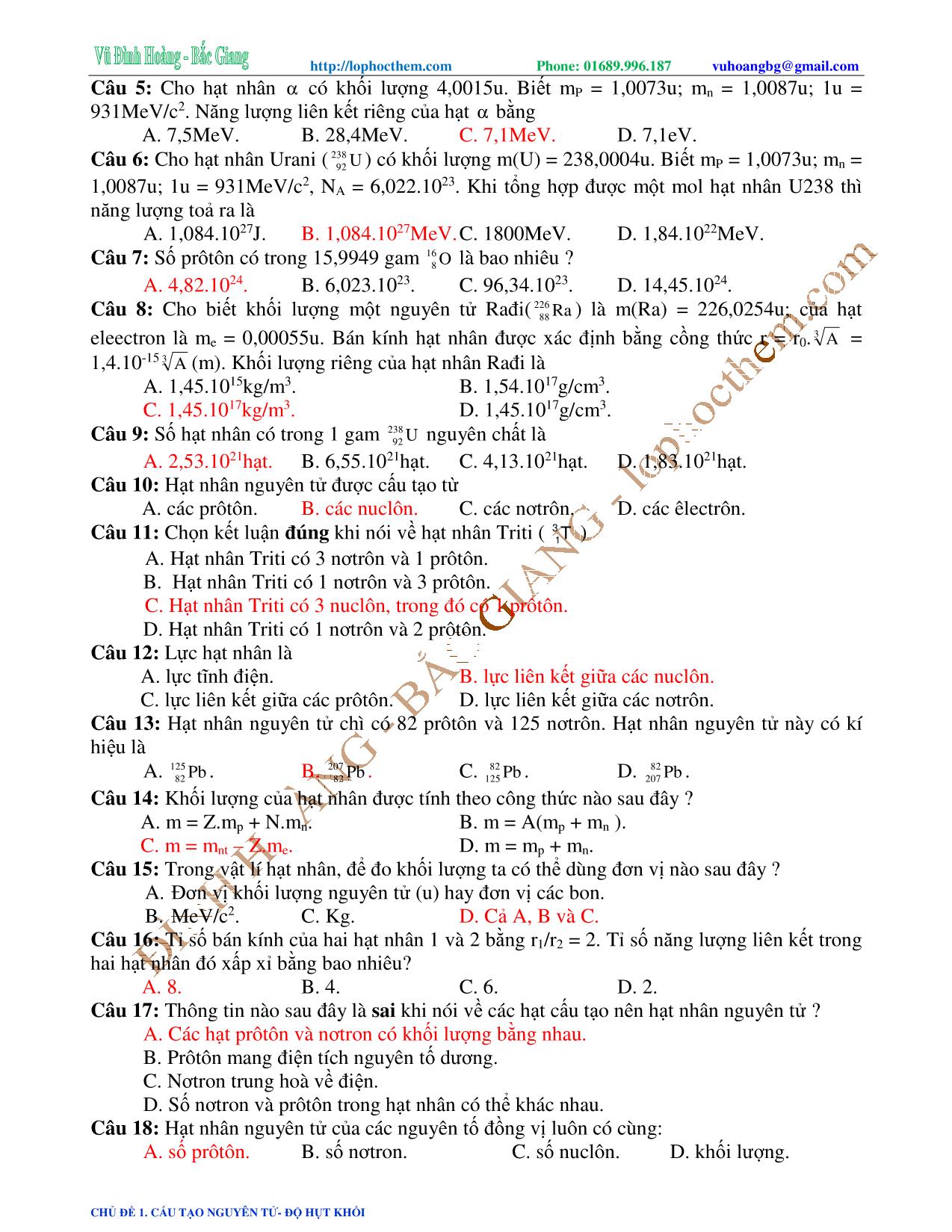 Tài liệu luyện thi THPT Quốc gia môn Vật lý - Chương 9, Chủ đề 1: Cấu tạo nguyên tử. Độ hụt khối - Vũ Đình Hoàng trang 7