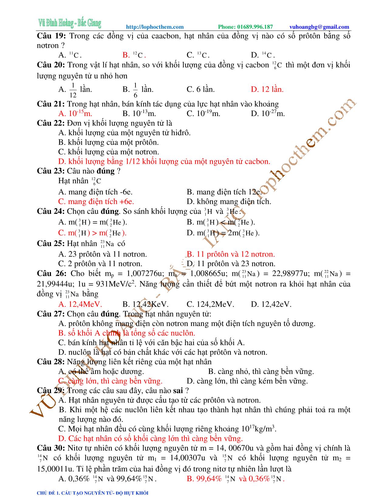 Tài liệu luyện thi THPT Quốc gia môn Vật lý - Chương 9, Chủ đề 1: Cấu tạo nguyên tử. Độ hụt khối - Vũ Đình Hoàng trang 8