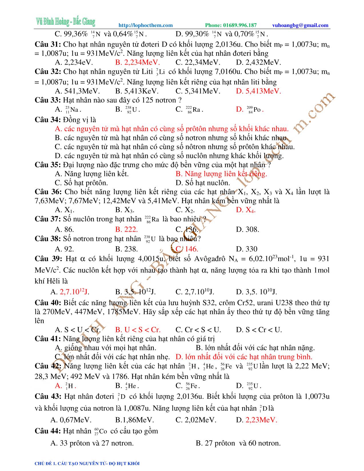 Tài liệu luyện thi THPT Quốc gia môn Vật lý - Chương 9, Chủ đề 1: Cấu tạo nguyên tử. Độ hụt khối - Vũ Đình Hoàng trang 9