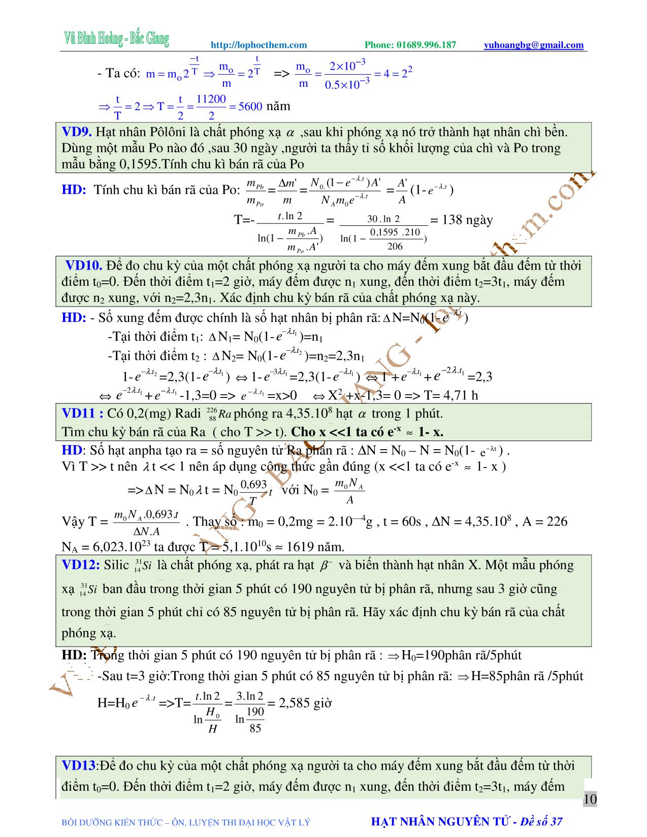 Tài liệu luyện thi THPT Quốc gia môn Vật lý - Chương 9, Chủ đề 2: Phóng xạ tự nhiên - Vũ Đình Hoàng trang 10