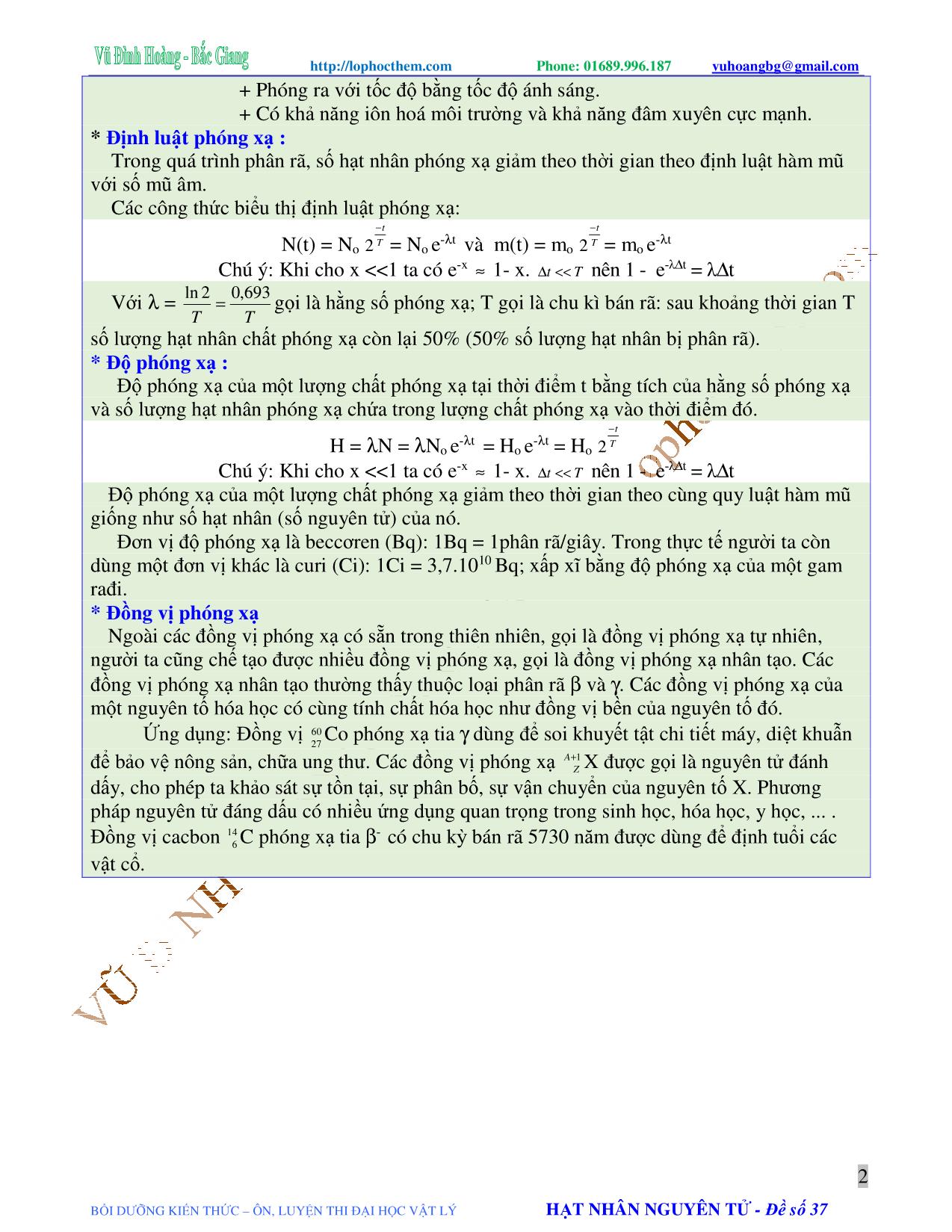 Tài liệu luyện thi THPT Quốc gia môn Vật lý - Chương 9, Chủ đề 2: Phóng xạ tự nhiên - Vũ Đình Hoàng trang 2