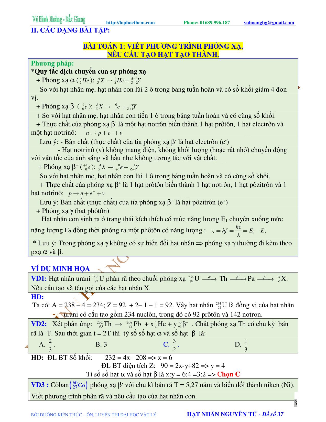 Tài liệu luyện thi THPT Quốc gia môn Vật lý - Chương 9, Chủ đề 2: Phóng xạ tự nhiên - Vũ Đình Hoàng trang 3